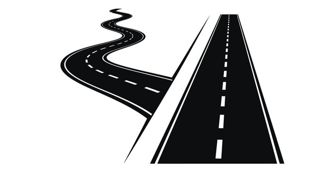 Road with winding section and straight path black and white silhouette