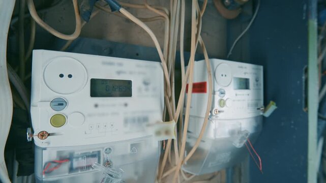 Modern Digital Electric Meters Installed in Old Wiring Panel Close-Up | Building Renovation and Energy Upgrade | Modern LCD Display Power Meters with Tangled Cables