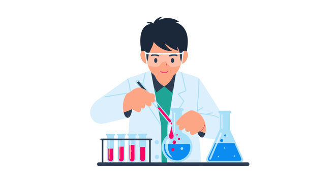 Male Chemist or Science Student in Lab Coat Performing Research Experiment with Test Tubes and Flasks Vector Illustration