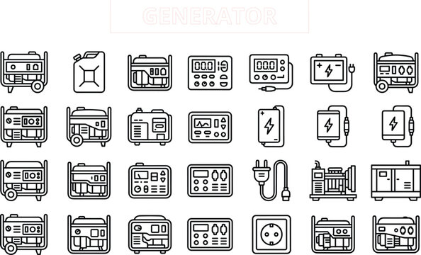 Generator and electrical equipment icon collection with portable generators, fuel cans, control panels, batteries, plugs, and power devices in clean outline style