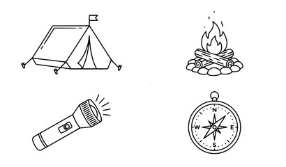Minimalist black and white camping gear vector illustration set clean line art outline of tent campfire flashlight and compass © Mdsahag