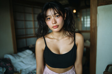Fototapeta premium serene east asian woman in morning light, young asian woman relaxing in traditional japanese room with soft sunlight, calm portrait of woman with ponytails in airy tatami bedroom