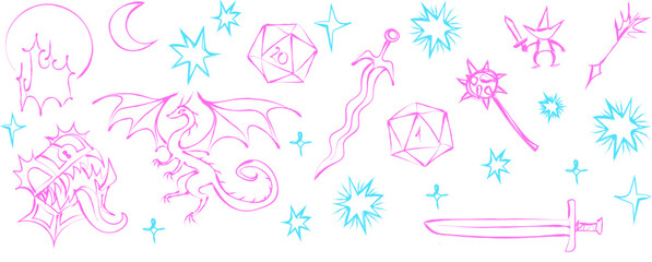 Fototapeta premium A trendy set of fantasy tattoo doodles featuring a dual-tone blue and pink palette. This aesthetic, 