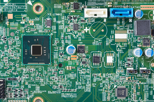 Close-Up of Computer Motherboard Circuit Board with Microchip and SATA Ports