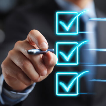 Businessman rating service experience with online application checking glowing blue checkboxes with a pen representing customer satisfaction and feedback