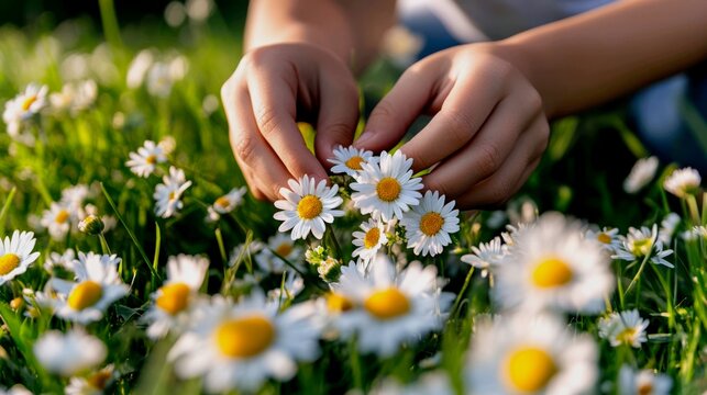 a person's hands (with simple, clean nails) carefully stringing fresh daisies into a delicate chain or crown.
