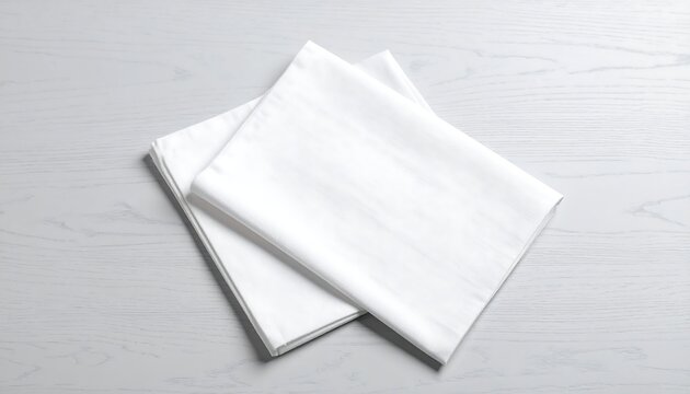 Two neatly folded white fabric squares sit atop a light gray, subtly grained surface. Sunlight softly illuminates the scene