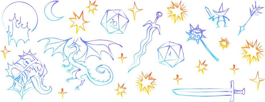 1A playful and vibrant set featuring sky-blue hand-drawn weapons and dragons accented by bright yellow twinkling stars. These cheerful, "pop-fantasy" sketches are perfect for children&rsquo;s adventure book