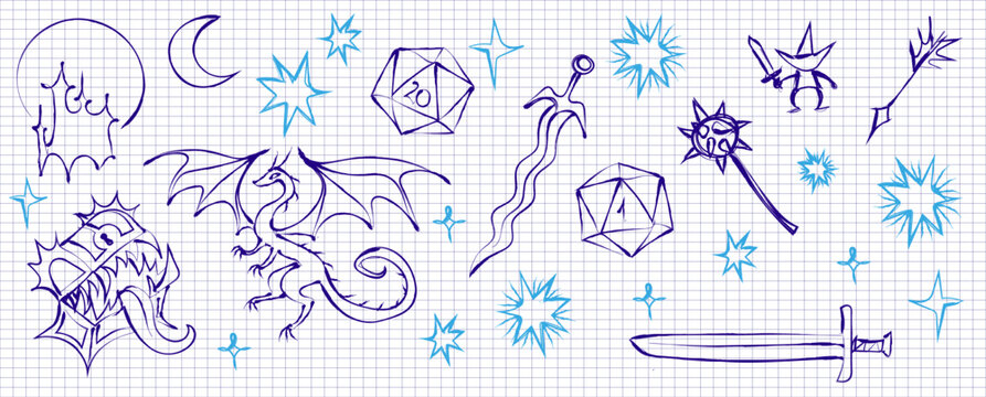 A nostalgic "bored in class" aesthetic featuring blue ink fantasy sketches on a classic grid-lined notebook page. Complete with dnd dice and mimic chests, these pen-style doodles are perfect 