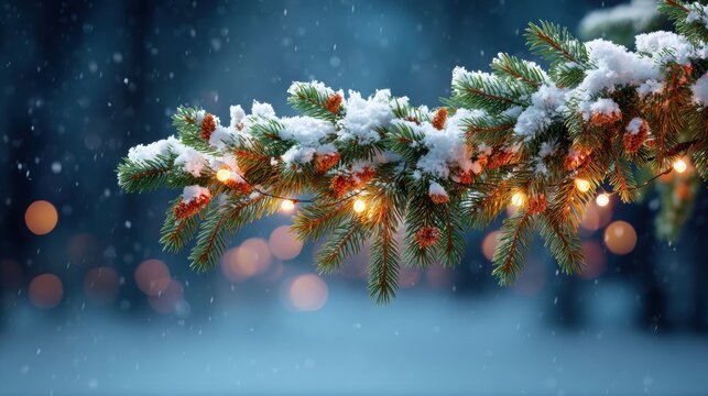 Snow-covered pine branch adorned with warm glowing lights and pine cones, set against a softly blurred winter background with falling snowflakes