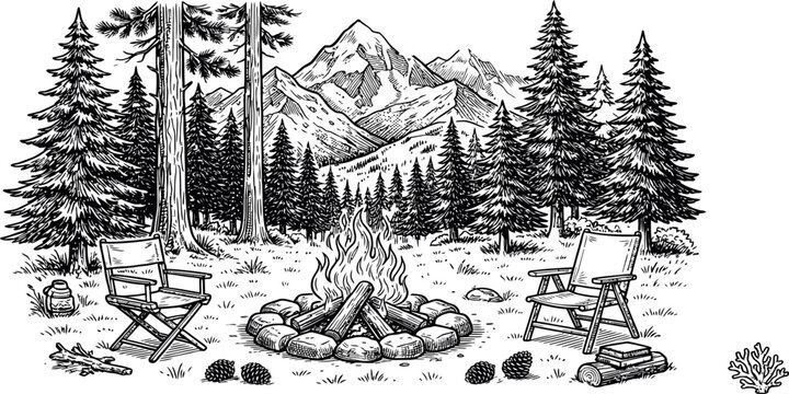 Campfire in a peaceful forest scene Vector