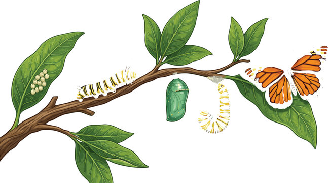 Butterfly Life Cycle Stages on Branch with Leaves Caterpillar Chrysalis and Adult Butterfly Vector Illustration
