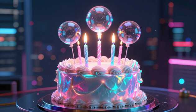 Futuristische Torte mit leuchtenden Kerzen und Seifenblasen-Optik