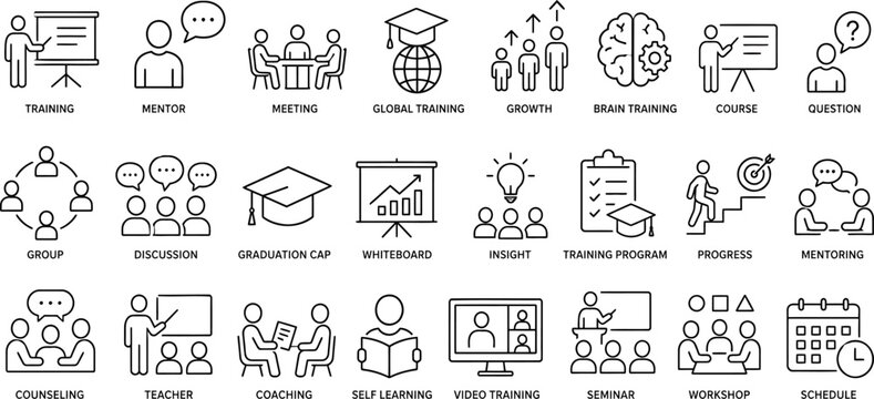 Set of Education and Business Training Icons Vector Illustration, Coaching Workshop Mentoring Seminar Professional Development Thin Line Symbols Isolated on Transparent Background