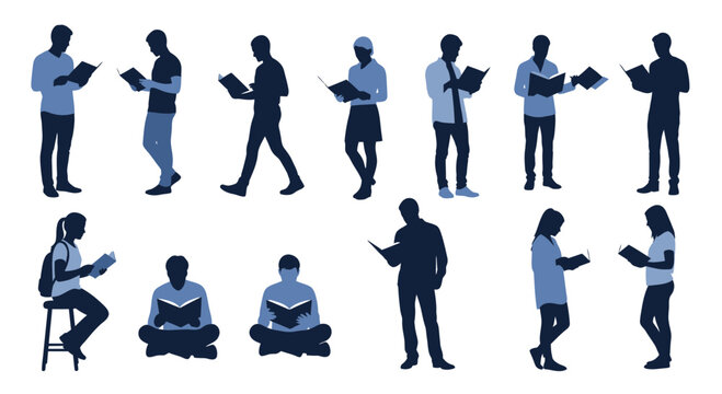 Diverse people silhouettes reading books, learning and knowledge concept