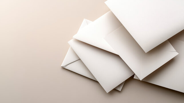 Stack of plain white envelopes creating a layered abstract paper pattern, conveying concepts of communication, business, and mail on a soft beige background