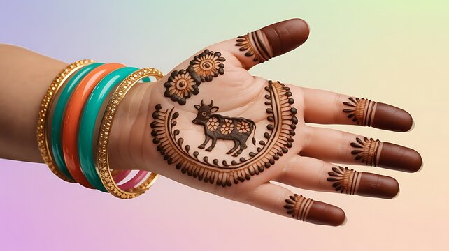 Close-up of a woman's hand with intricate henna mehndi design featuring a cow and floral patterns.