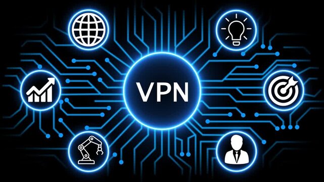 VPN concept with circuit lines and digital symbols hovering above a businessman, technology. manufacturing process management all connected in a digital circle like pattern.