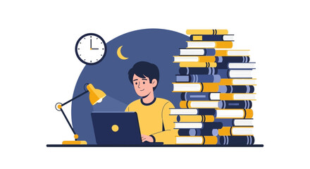 Naklejka premium Student Studying Late at Night with Laptop and Large Stack of Books Flat Vector Illustration; Concept for Education, Exam Preparation, Hard Work, and E-learning
