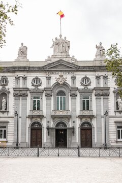 Madrid, Spain; April 7, 2026: Main facade of the Spanish Supreme Court, the highest court where politicians and high-ranking officials are tried in Spain