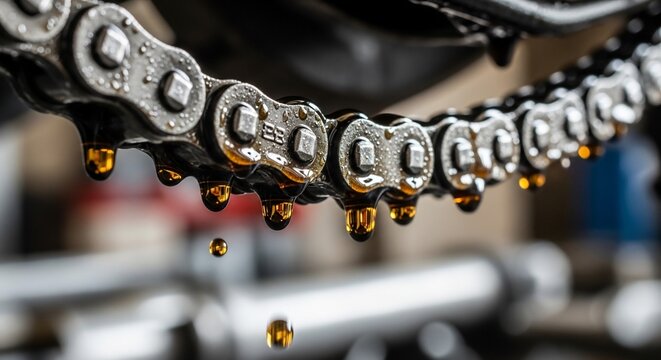 Lubricated metal chain close up