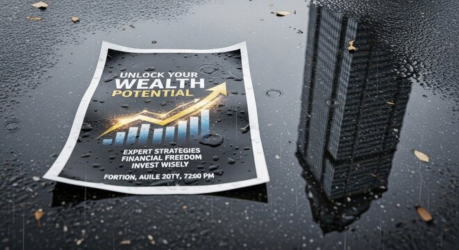 Financial growth advertisement flyer lies on a wet city street during a rainstorm.