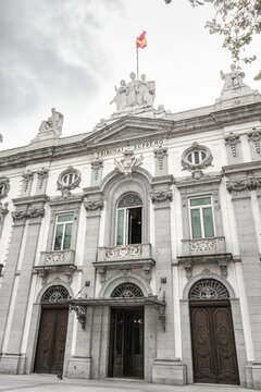 Madrid, Spain; April 7, 2026: Main facade of the Spanish Supreme Court, the highest court where politicians and high-ranking officials are tried in Spain
