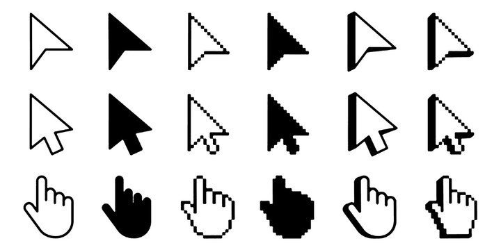 Mouse click cursor icon set. Cursor set in hand and arrow forms. Pixel cursor icon
