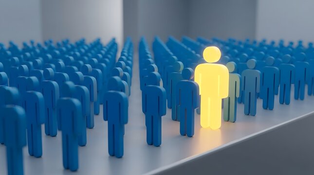 Yellow figure stands out in blue crowd