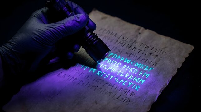 Gloved hand revealing hidden ancient text with ultraviolet light on parchment in dark environment, close-up view of mysterious secret message discovery