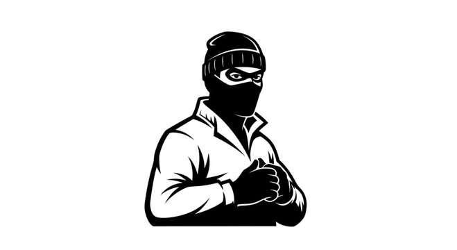 Silhouette of a masked thief in a beanie and gloves, isolated on white background
