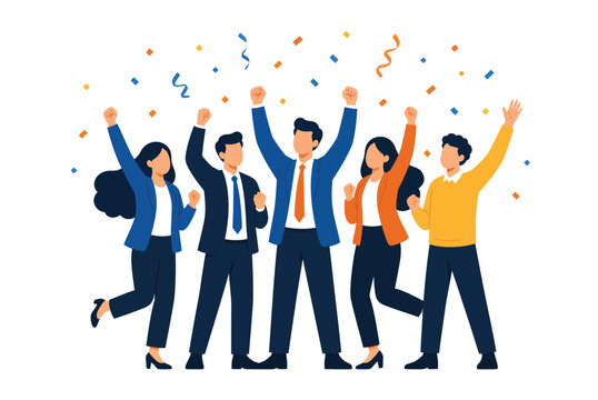 Celebrating Business Team Success Flat Vector Illustration with Confetti