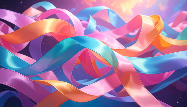 Colorful ribbons flowing with soft lighting