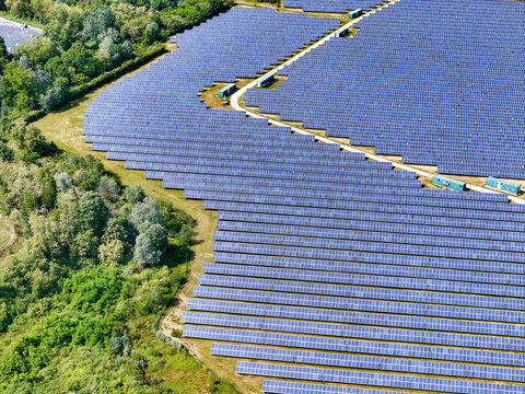 Aerial view of a large solar panel farm with rows of blue photovoltaic modules surrounded by lush green trees and vegetation in Torrazza Piemonte, Piemonte, Italy.