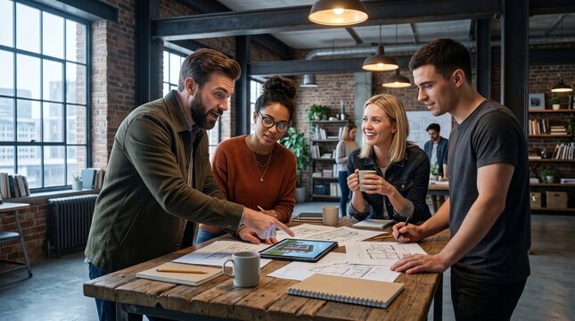 Business colleagues collaborate on a project at a wooden table in an office