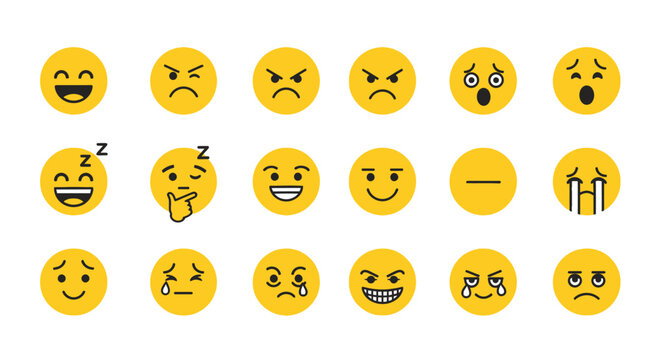 Set of Diverse Yellow Emoji Faces Expressing Various Emotions on Isolated White Background