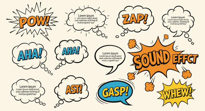 Colorful Comic Book Style Sound Effects and Exclamation Speech Bubbles