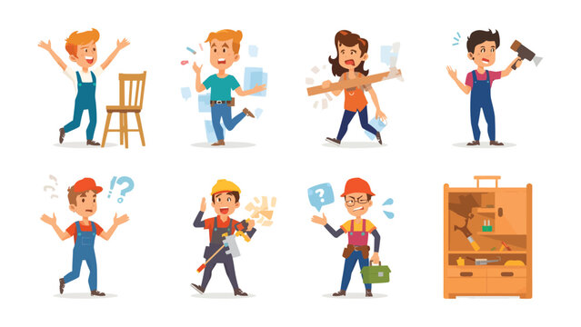 Carpentry Chaos: A humorous illustration captures a range of amusing mishaps and triumphs of a carpenter at work.
