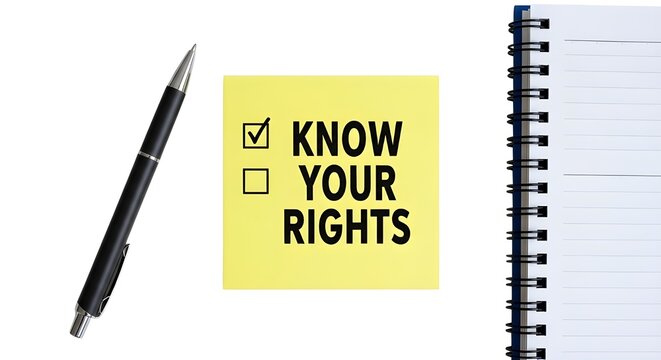 A pen and notebook with a know your rights sticky note on white background