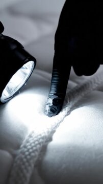 A professional in black gloves uses a flashlight to inspect mattress seams for bed bugs. Detailed search for pests in a bedroom. Ideal for pest control services and hygiene awareness.