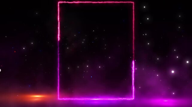Magenta neon rectangle frame background electric pink border, cosmic stars, purple haze, glowing empty . futuristic videos, title reveals, music promos, gaming screens, social edits, vibrant overlays.