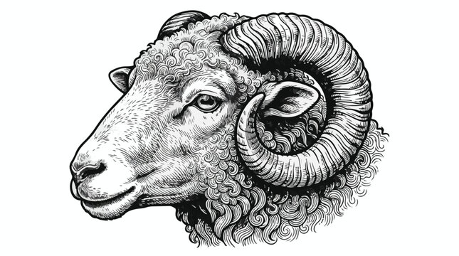 Black and white illustration of a rams head with curly horns and fur
