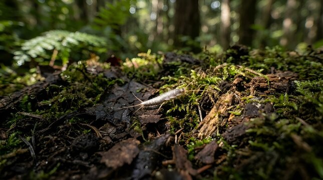 Silverfish crawling on green moss in sunlit forest