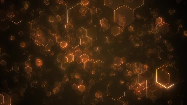 Digital Orange hexagon technology background glowing honeycomb shapes, depth, geometric layers, science style. medical videos, biotech explainers, chemistry intros, data visuals, innovation promos,