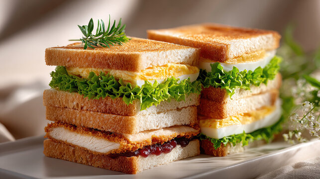 Japanese sando sandwiches offering variety with a katsu cutlet, tamagoyaki egg, and hard boiled egg fillings, serving as a fresh and appetizing cafe meal for breakfast or lunch