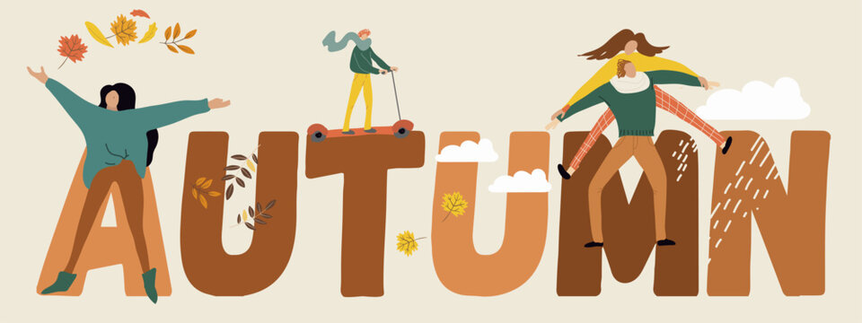 Autumn text, tiny people. Vector hand drawn illustration.