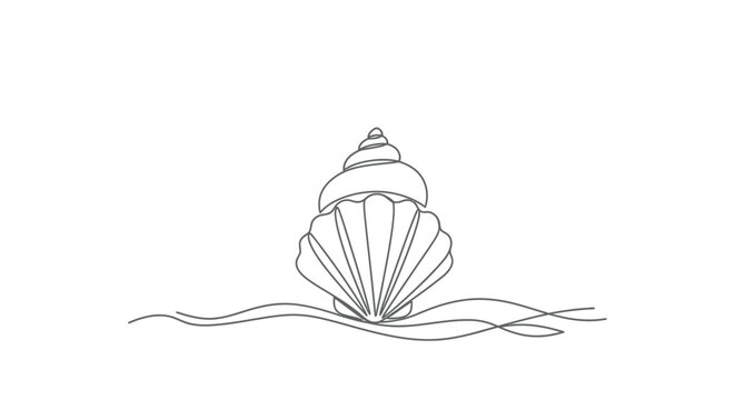 Seashell on sand with waves line art black and white seashell illustration minimalist isolated