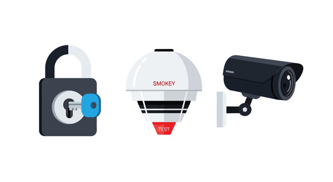 Security icons set including lock, smoke detector and CCTV camera on white background for safety and protection concepts