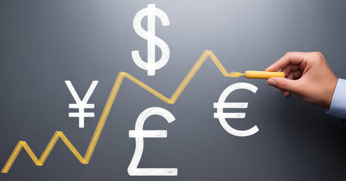 Hand drawing growth chart with different currency symbols dollar euro yen pound concept.