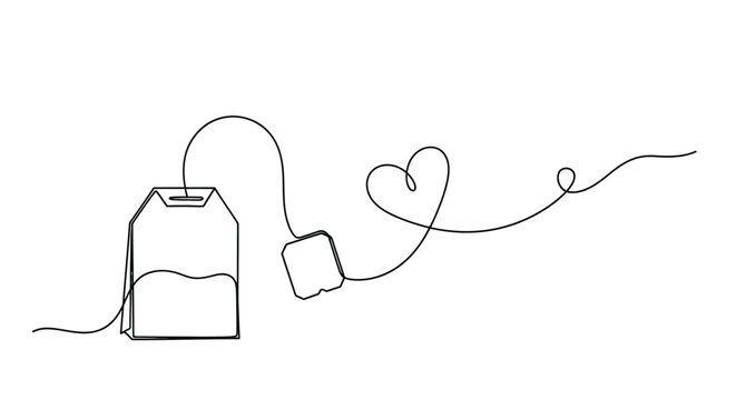 Tea bag with a heart shape formed by the string minimalist line drawing tea time black and white line art